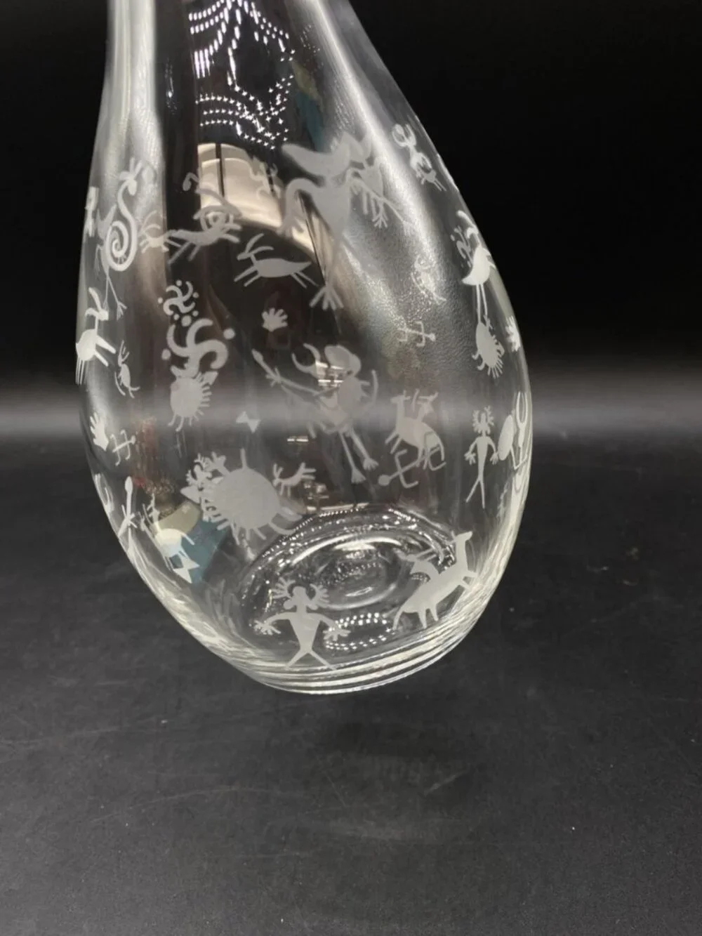 Etched Petroglyph Cave Drawings Clear 9” Tall Wine Carafe